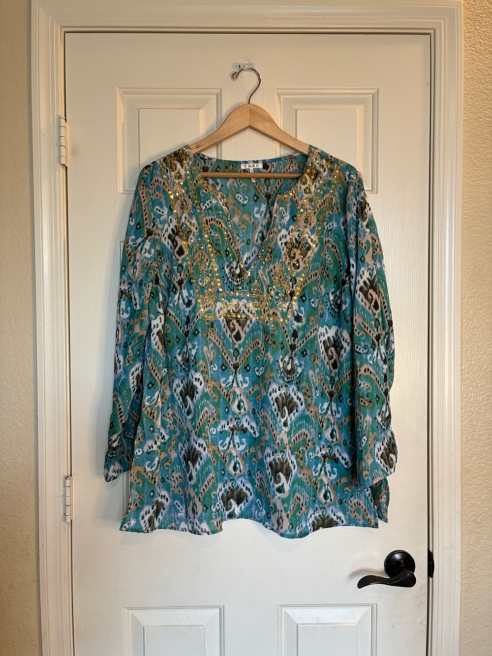 Metro 7 Teal Patterned Embellished V-Neck Tunic